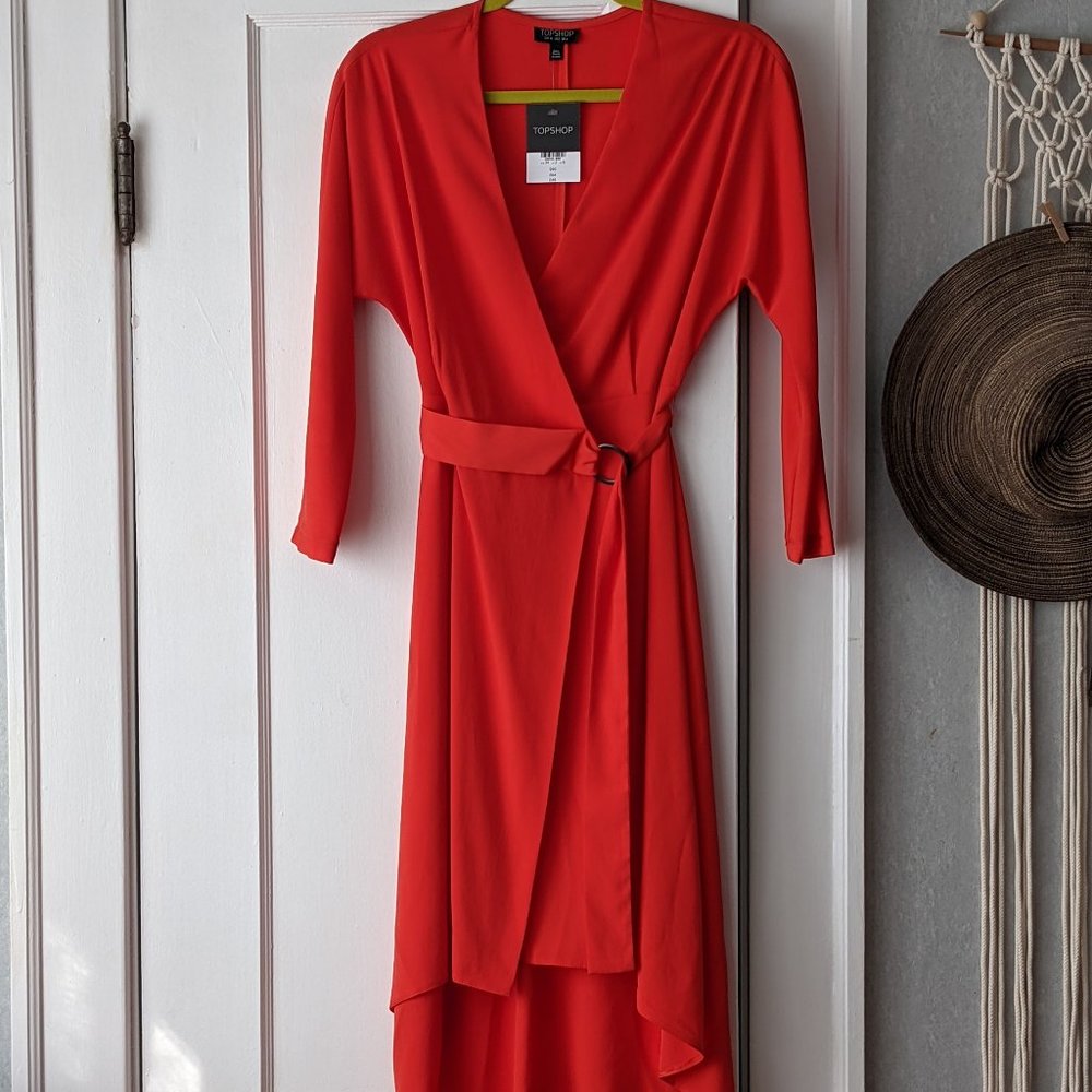 💃 NWT! Topshop O-Ring Wrap Midi Dress in Red, Size 2 US (fits like 0)
